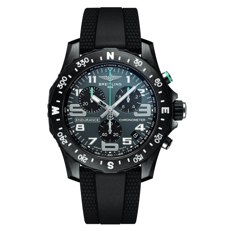 The Breitling Endurance Pro 44 The Watches Of Switzerland Group Exclusive is a luxury chronograph with chronometer-certified movements, black rubber strap, rotating bezel, and white markers on a detailed black analog dial.