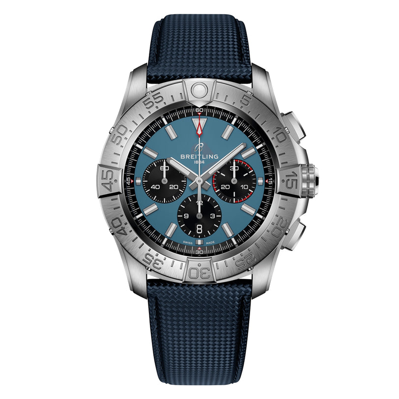 The Breitling Super Avenger B01 Chronograph 46 features a blue dial, three subdials, a date window, and a textured blue strap—all in stainless steel for authentic aviation-inspired style.