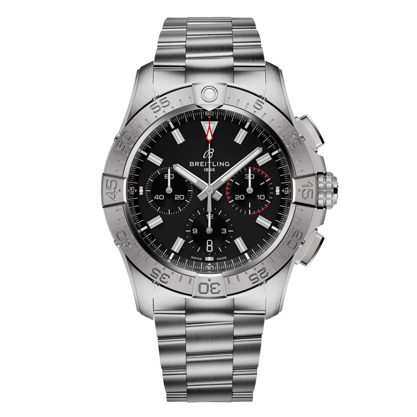 The Breitling Avenger B01 Chronograph 42 is a stainless steel watch with a black dial, three subdials, aviation-inspired design, date window at 6 o’clock, and metal link bracelet.