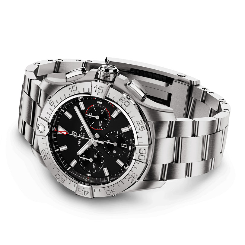 The Breitling Avenger B01 Chronograph 42 is a stainless steel watch with a black dial, three subdials, date display, and corrosion-resistant build, shown against a white background.