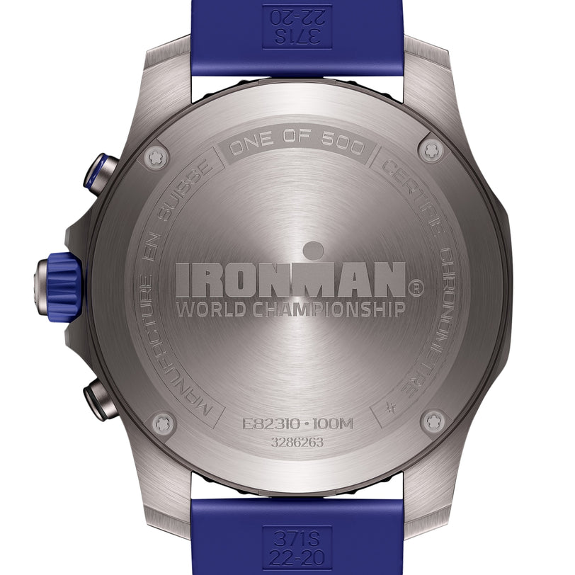 The Breitling Endurance Pro 44 Ironman® World Championship 2024 features a stainless steel back engraved with IRONMAN World Championship and ONE OF 500, plus a bold blue strap—capturing the spirit of Endurance Pro.