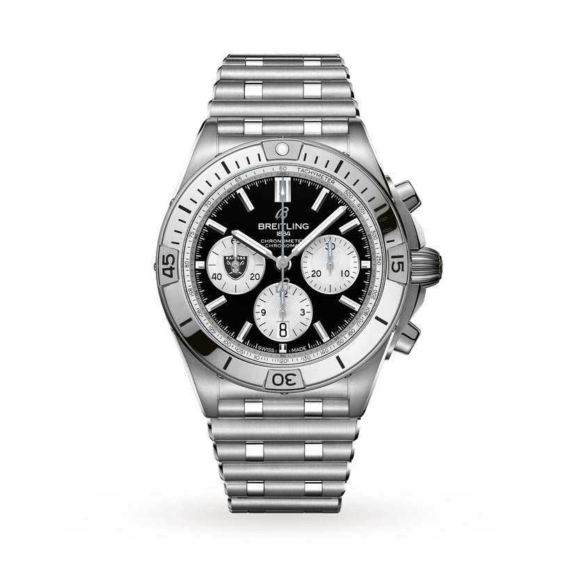 Breitling Chronomat B01 42 NFL Las Vegas Raiders Edition in stainless steel with a black dial, three subdials, date display, and silver link bracelet, shown on a white background.