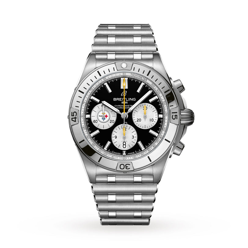 The Breitling Chronomat B01 42 NFL Pittsburgh Steelers Edition is a stainless steel chronograph with a black dial, three subdials, and a metal bracelet.