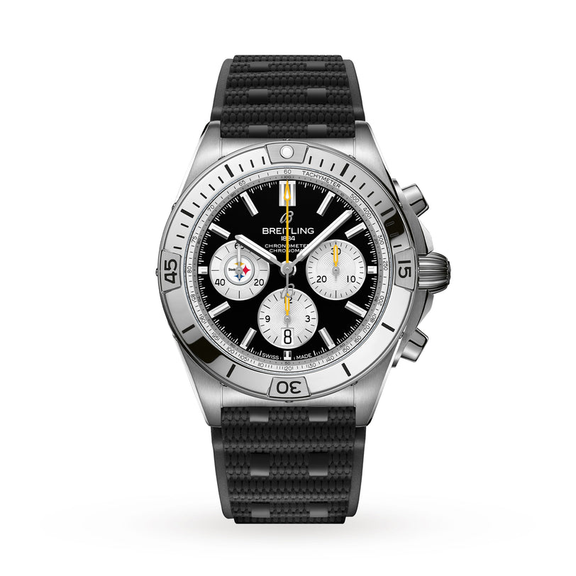 The Breitling Chronomat B01 42 NFL Pittsburgh Steelers Edition is a silver chronograph watch featuring a black face, three subdials, and a textured black strap.