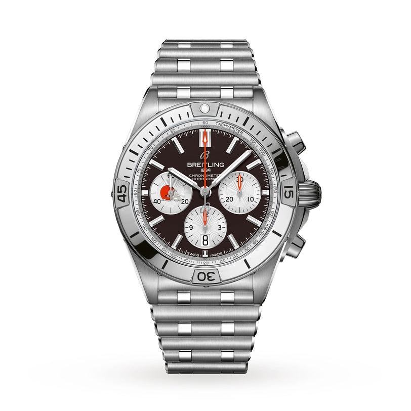 The Breitling Chronomat B01 42 NFL Cleveland Browns Edition is a stainless steel chronograph watch with a black dial and three subdials.
