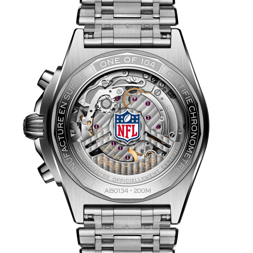 The Breitling Chronomat B01 42 NFL Buffalo Bills Edition features a transparent case back showcasing its mechanical movement and the NFL logo.