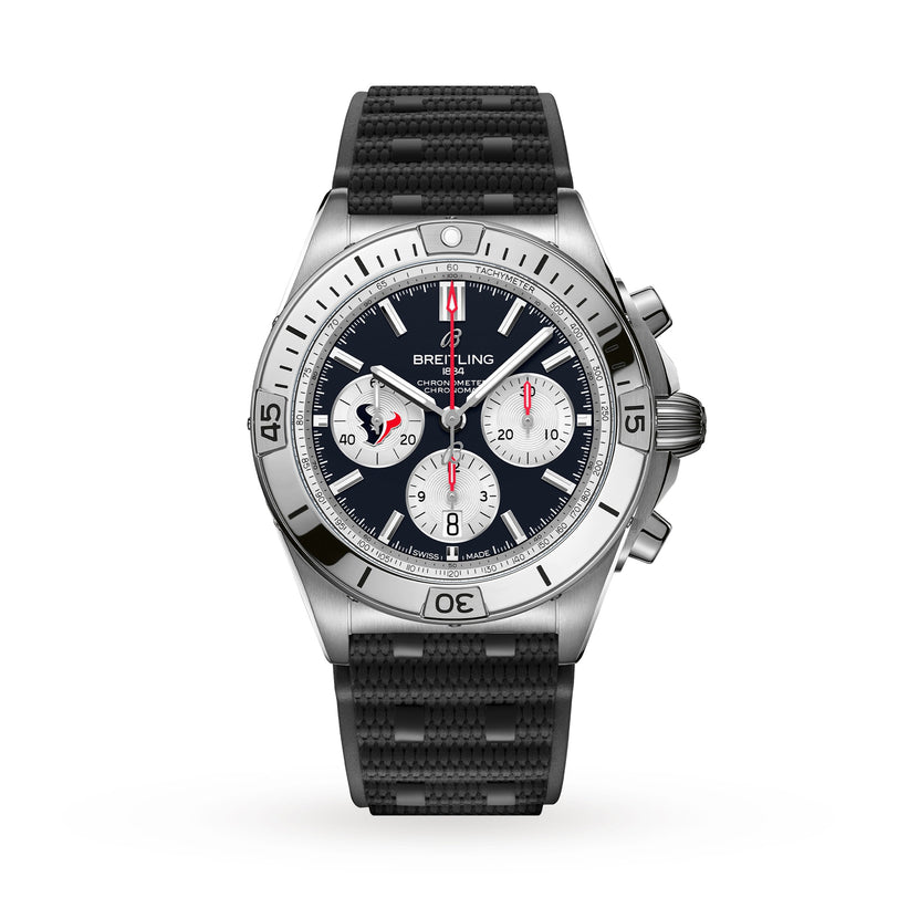 The Breitling Chronomat B01 42 NFL Houston Texans Edition is a silver chronograph with a black face, three subdials, and a textured black rubber strap.