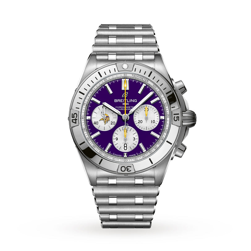 Breitling Chronomat B01 42 NFL Minnesota Vikings Edition: silver chronograph watch with a purple dial, three subdials, and a matching silver strap.