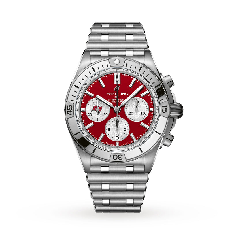Breitling Chronomat B01 42 NFL Tampa Bay Buccaneers Edition: a silver chronograph watch featuring a red dial, three white subdials, and a metal link bracelet.