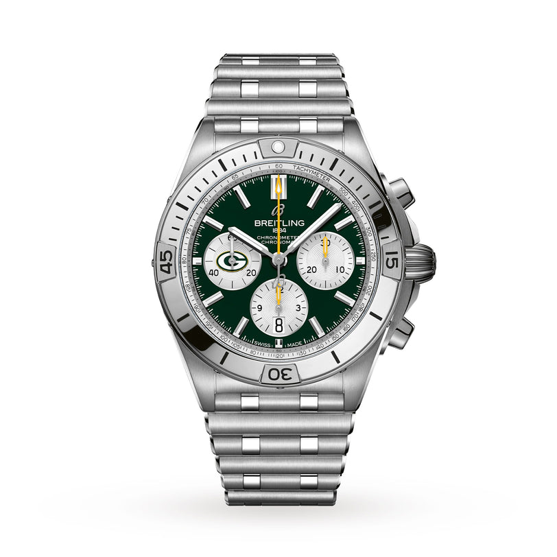 Breitling Chronomat B01 42 NFL Green Bay Packers Edition: stainless steel chronograph with green dial, three subdials, and metal bracelet.