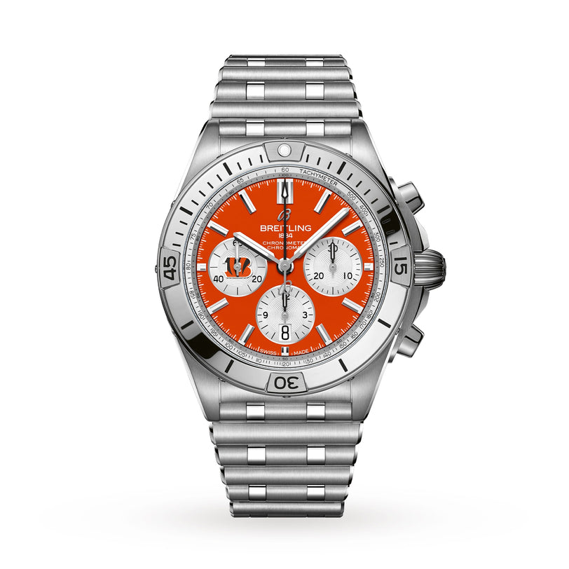 The Breitling Chronomat B01 42 NFL Cincinnati Bengals Edition features a stainless steel case, orange dial with three subdials, and a metal bracelet.