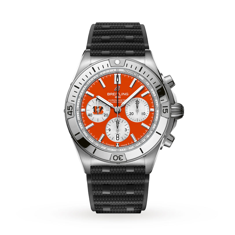 The Breitling Chronomat B01 42 NFL Cincinnati Bengals Edition features a silver chronograph case, orange dial, black strap, and three white subdials.