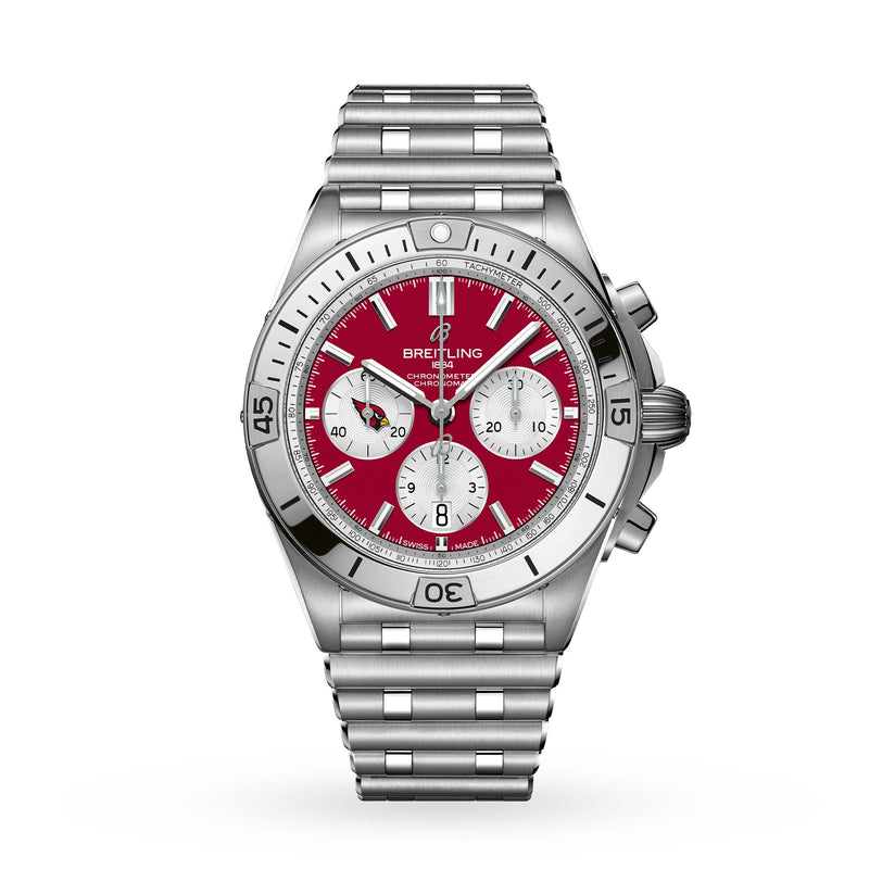 The Breitling Chronomat B01 42 NFL Arizona Cardinals Edition features a stainless steel case, red dial with silver subdials, and is paired with a metal bracelet.