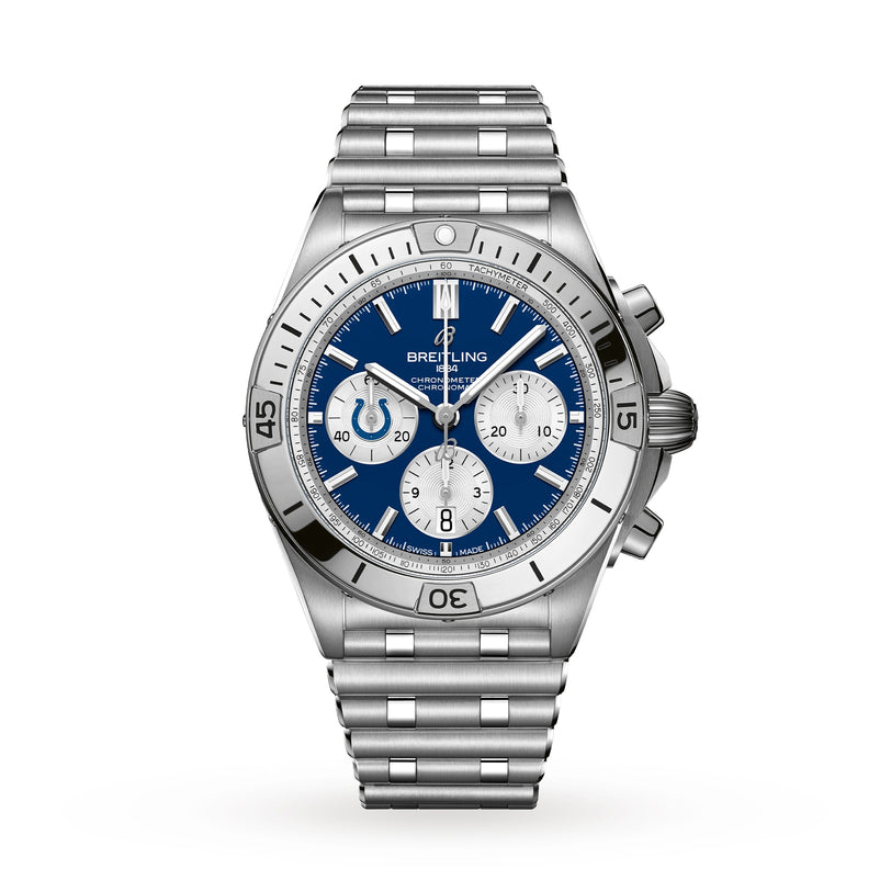 The Breitling Chronomat B01 42 NFL Indianapolis Colts Edition is a silver chronograph watch featuring a blue dial with three subdials on a metal link bracelet.