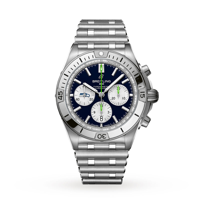 Breitling Chronomat B01 42 NFL Seattle Seahawks Edition with a silver case, blue dial, three subdials, and metal link bracelet.