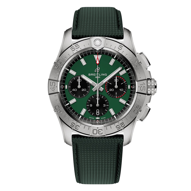 The Breitling Avenger B01 Chronograph 42 features a stainless steel case, green dial with three subdials, black ceramic bezel accents, and a textured green strap.