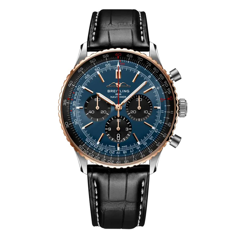 The Breitling Navitimer B01 Chronograph 46 features a blue dial, black leather strap, and rose gold bezel.