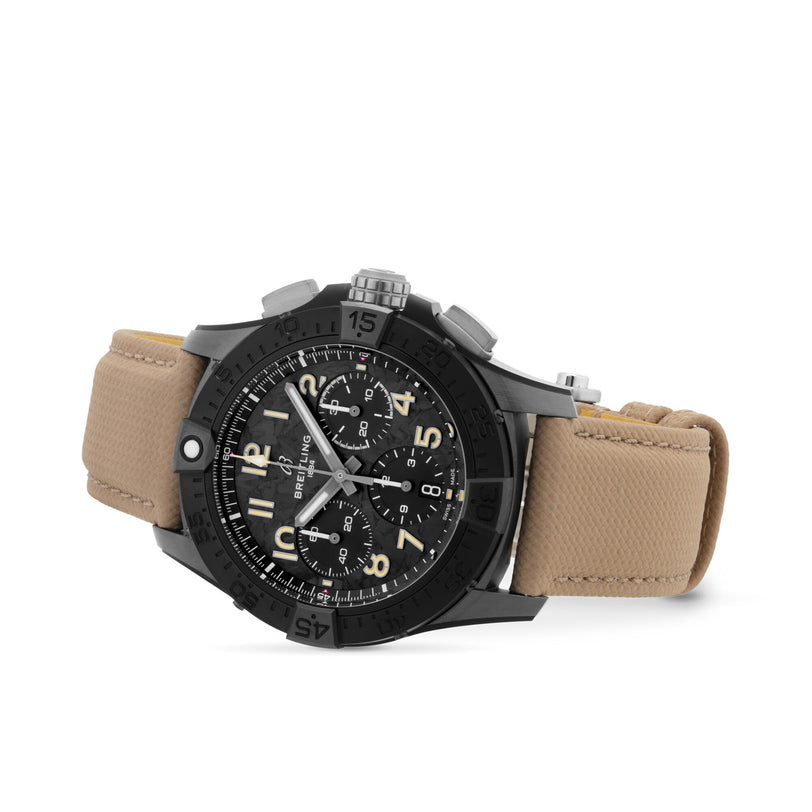 The Breitling Avenger B01 Chronograph 42 Night Mission features a black chronograph face with large numbers, multiple dials, and a tan leather strap.