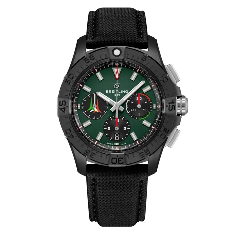 The Breitling Avenger B01 Chronograph 42 features a green dial, three subdials, black bezel, and black fabric strap, inspired by Italy’s Frecce Tricolori squadron—crafted for resilience and shown from the front.