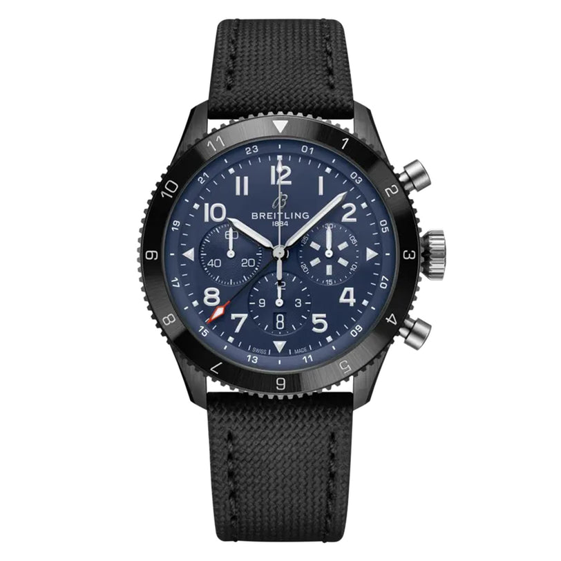 The Breitling Super AVI B04 Chronograph GMT 46 Tribute To Vought F4U features a black strap, blue dial inspired by the Corsair, three subdials, white numerals, and two right-side pushers.