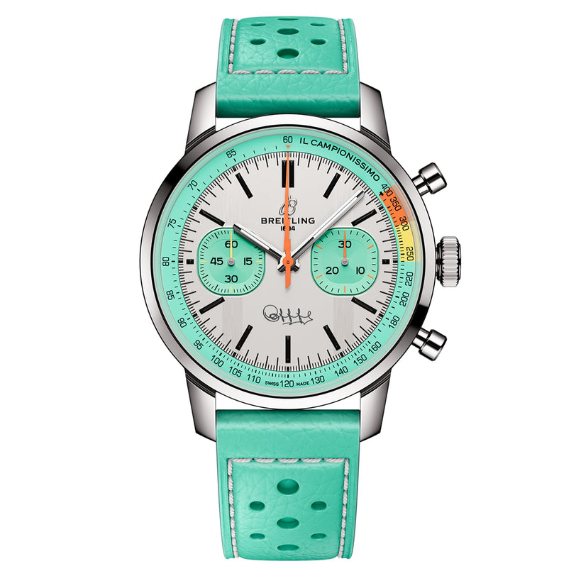 The Breitling Top Time B01 Fausto Coppi is a silver chronograph with a white dial, turquoise bezel, and perforated turquoise leather strap. It honors Fausto Coppi and features three subdials plus push buttons for precision timing.