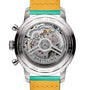 Close-up of the transparent caseback on the Breitling Top Time B01 Fausto Coppi, revealing its intricate mechanical movement and detailed engravings on the case and rotor.