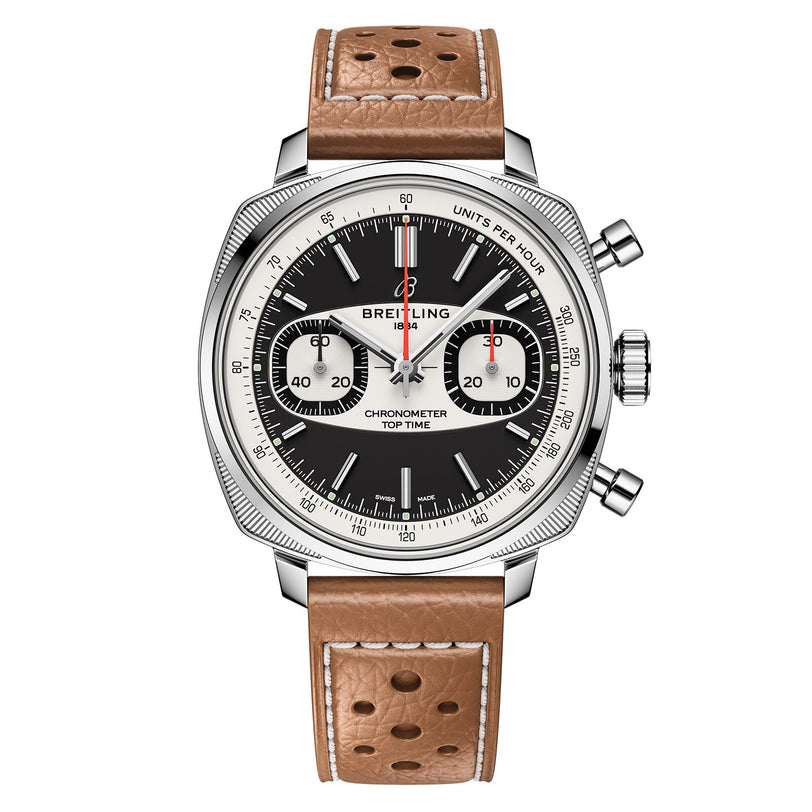 The Breitling Top Time B01 Racing features a silver case, black-and-white dial with two subdials, and a tan perforated leather strap, embodying the modern-retro spirit of racing-inspired chronographs.