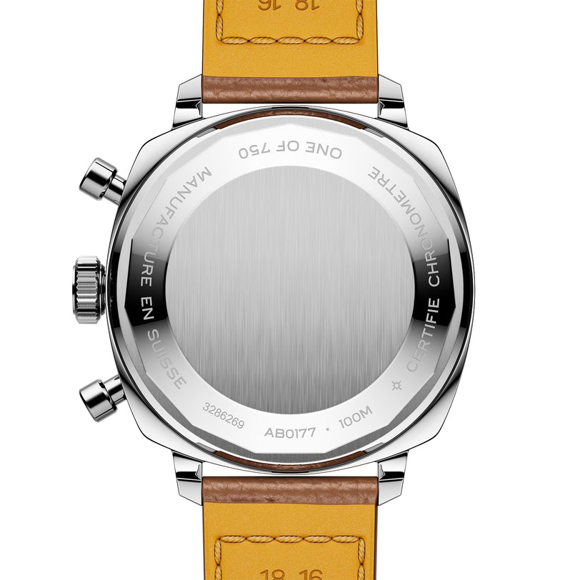 Close-up of the back of the Breitling Top Time B01 Racing, featuring a leather strap, stainless steel case, and engraved text highlighting its modern-retro style.