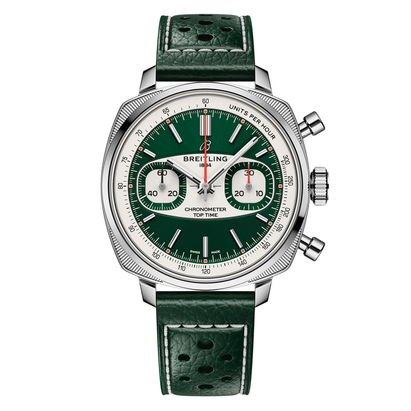 The Breitling Top Time B01 Racing is a chronometer wristwatch with a green dial, dual subdials, stainless steel case, stopwatch pushers, and a green leather strap—combining racing inspiration with modern-retro design.