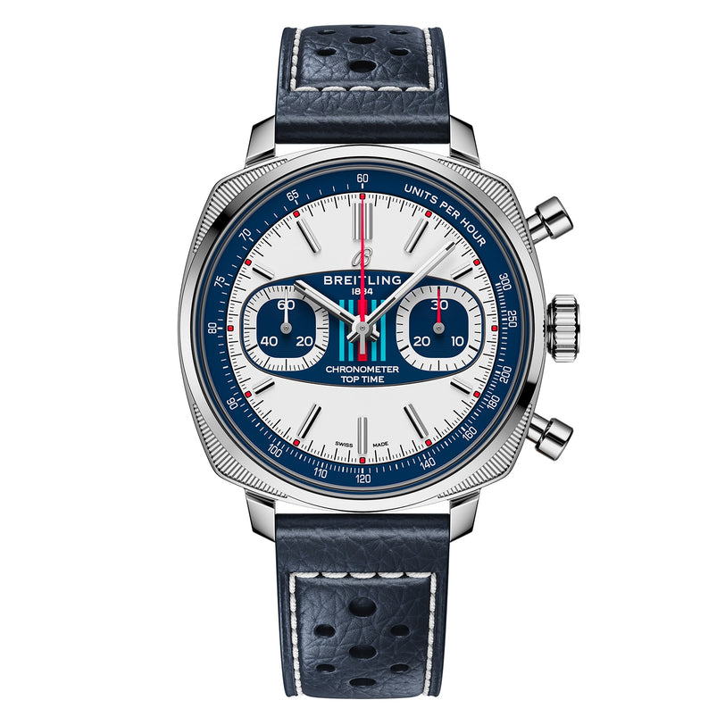 The Breitling Top Time B01 Racing features a white and blue dial, three subdials, tachymeter scale, and a perforated blue leather strap—ideal for those who love racing-inspired chronographs.