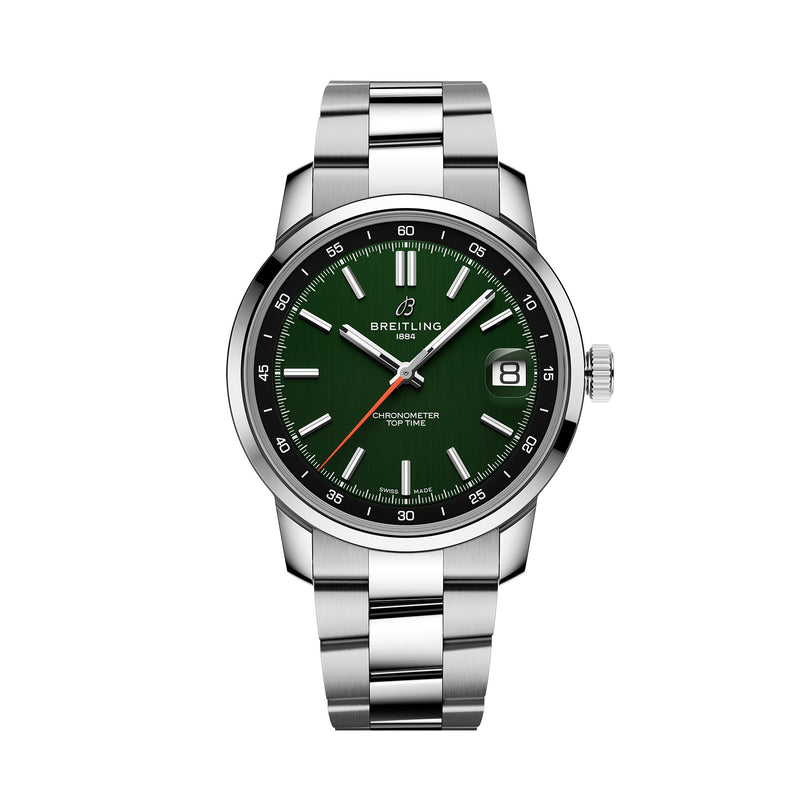 The Breitling Top Time B31, a stainless steel wristwatch with retro style, features a green dial, silver hour markers, date at 3 o’clock, and a metal link bracelet, shown against a white background.