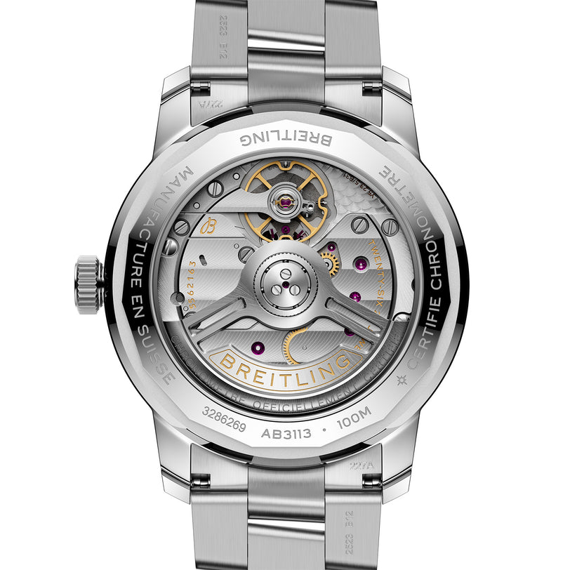 Back view of the Breitling Top Time B31 wristwatch showcases retro aesthetics and an exposed Manufacture B31 movement through a transparent case back, with detailed engravings around the edge.