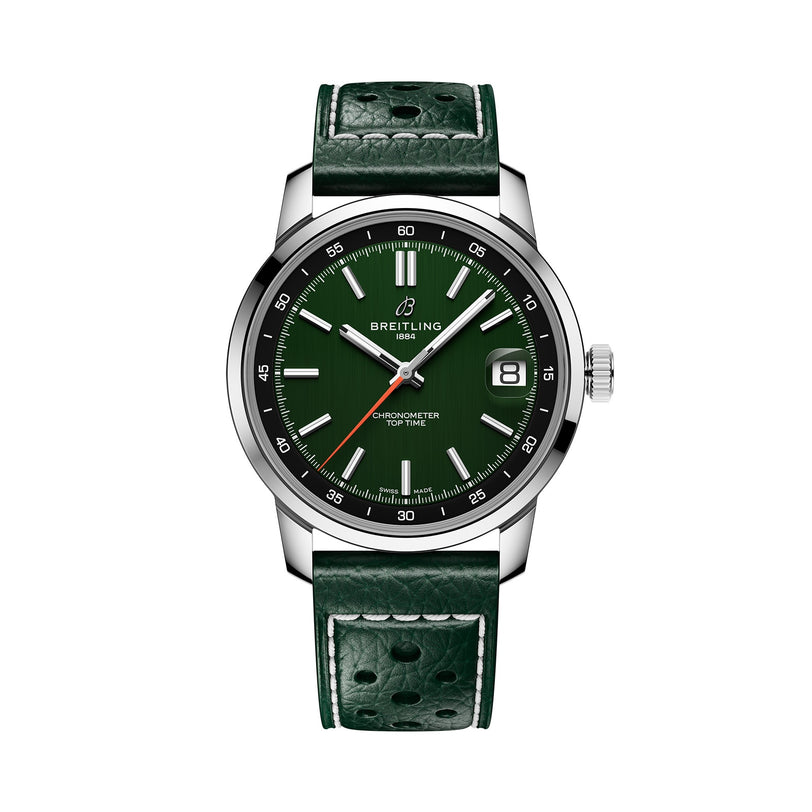 The Breitling Top Time B31 features a green dial, date window at 3 oclock, silver case, and green leather strap with white stitching—ideal for fans of retro style.
