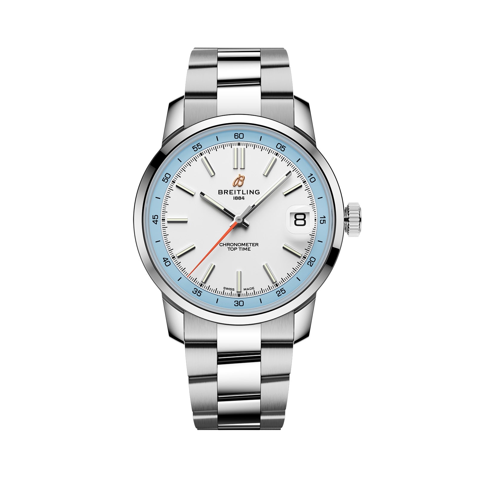 The Breitling Top Time B31 is a silver wristwatch with a white dial, blue accents, retro design, date at 3 o’clock, and a stainless steel bracelet.