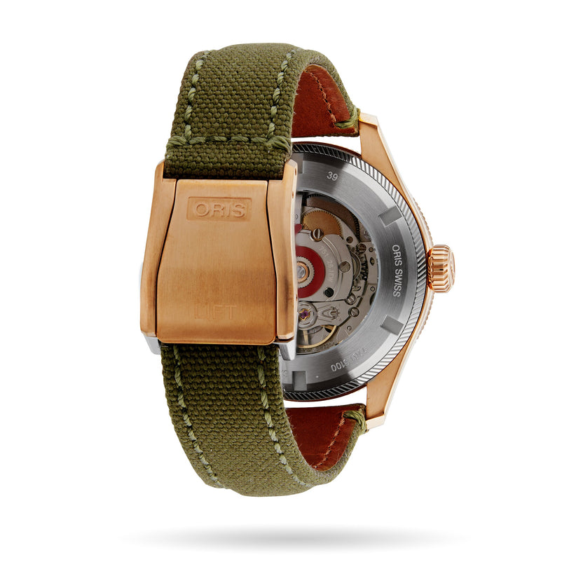 The Oris Big Crown ProPilot Big Date features a green fabric strap, bronze clasp, and displays its Swiss Made mechanical movement through a transparent case back.