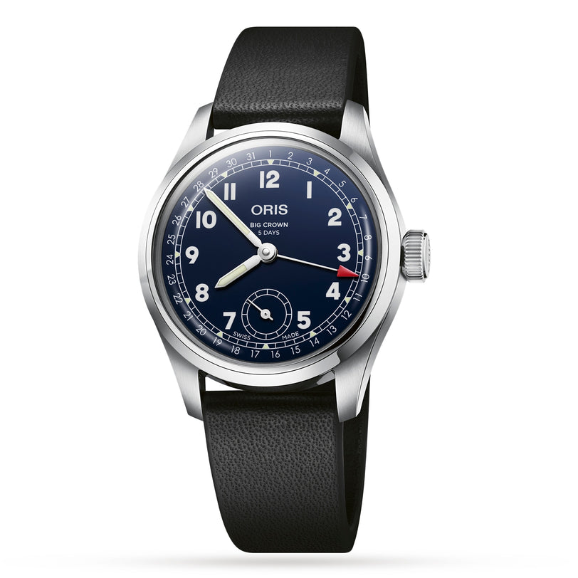 The Oris Big Crown Pointer Date Calibre 403 is a stainless steel watch with a black leather strap, blue dial, white numerals, and a red-tipped date hand, shown on a white background.
