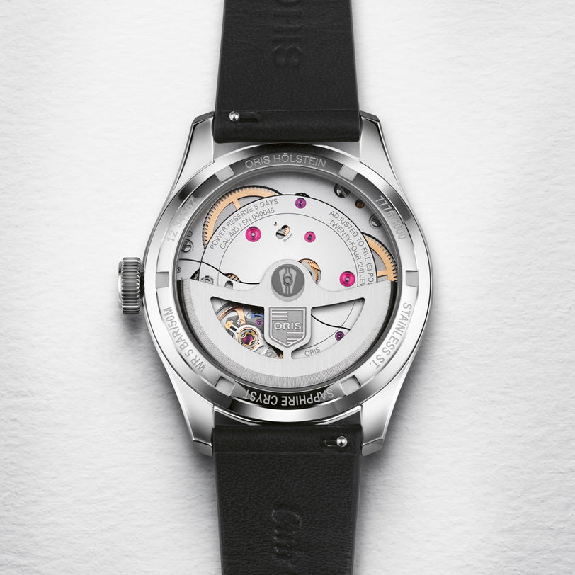 Back view of the Oris Big Crown Pointer Date Calibre 403, featuring a transparent sapphire crystal case back that reveals its mechanical movement with visible gears and engravings.