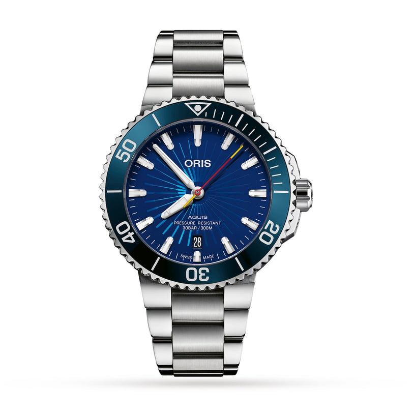 An Oris Aquis Sun Wukong Limited Edition stainless steel wristwatch with a blue dial, white hour markers, date at 6 o’clock, and rotating bezel, displayed face up on a white background.