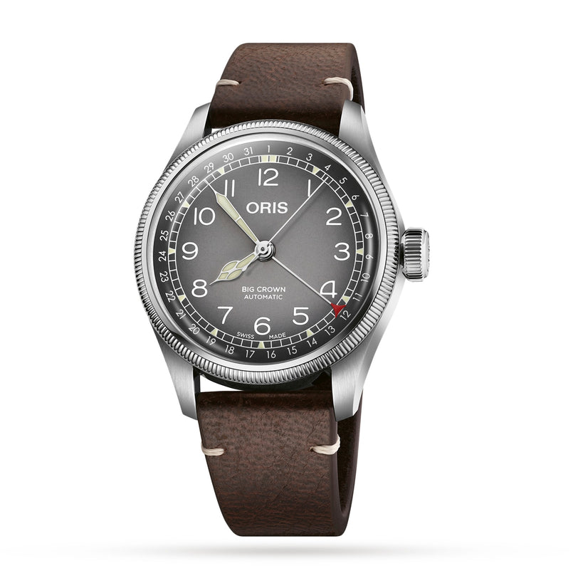 The Oris Big Crown Oris X Cervo Volante is a stainless steel automatic watch with a gray dial, white numerals, and a brown leather strap, designed for professional pilots and showcased against a white background.