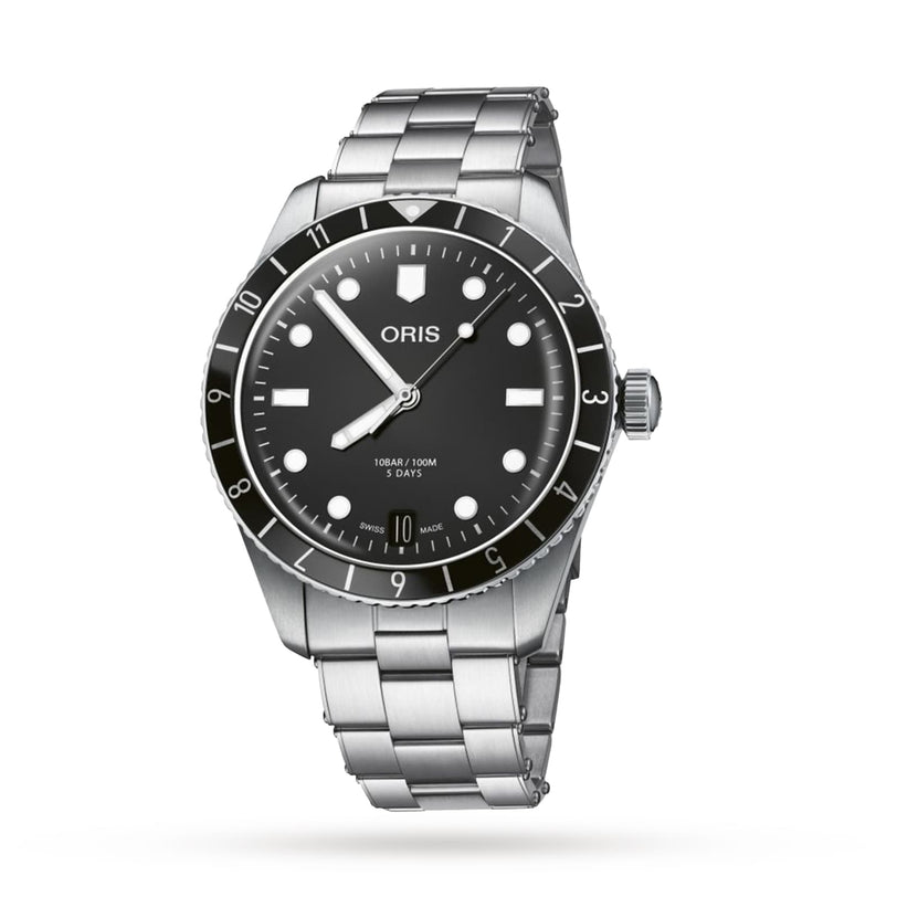 The Oris Divers Sixty‑Five 12H Calibre 400 is a stainless steel wristwatch featuring a black dial with white markers and a metal link bracelet.