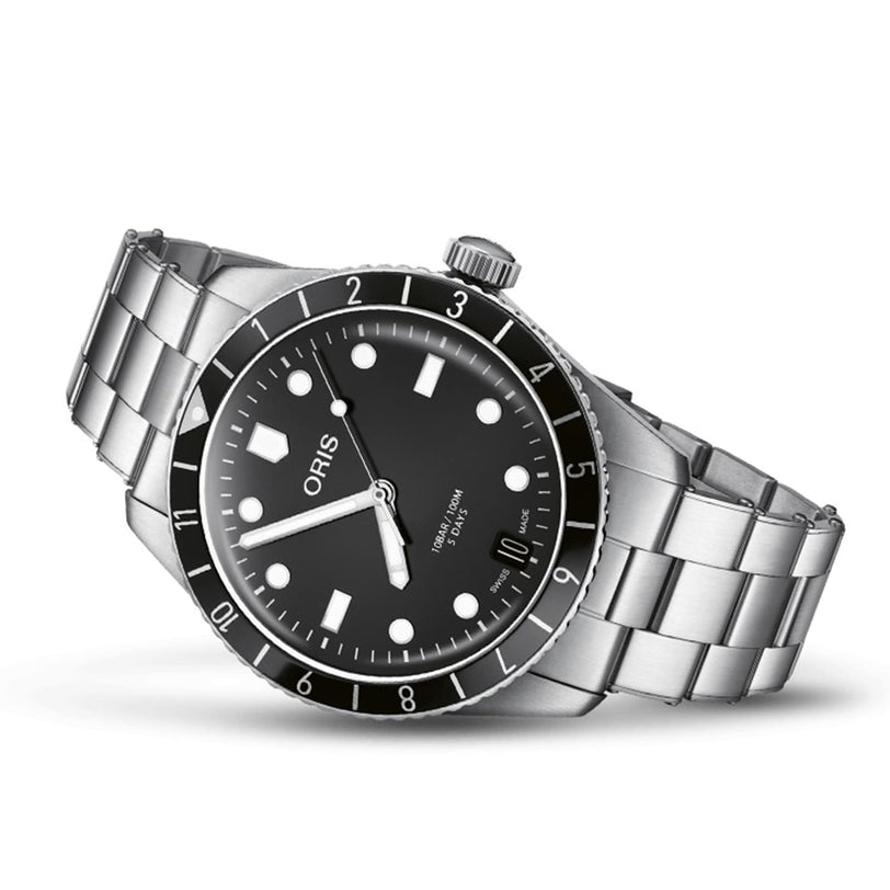 The Oris Divers Sixty-Five 12H Calibre 400 is a stainless steel wristwatch with a black bezel and black dial, featuring a metal bracelet.