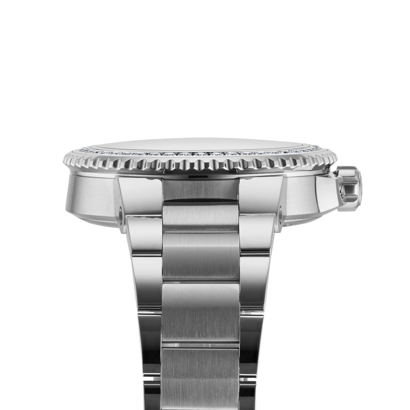 Side view of the Oris Aquis Date Diamonds watch, featuring a stainless steel bracelet, ridged bezel, screw-down crown, and lab grown diamonds set around the dial.