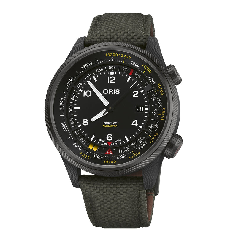 The Oris ProPilot Altimeter is a black wristwatch with a green fabric strap, altimeter in feet/meters, date window, and a black dial featuring white hands and numerals.