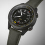 Close-up of the Oris ProPilot Altimeter, showcasing its black dial, precise altimeter module with multiple measurement scales, and olive green textile strap—powered by calibre 793.
