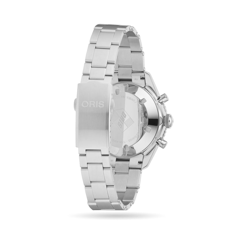 Oris Divers Sixty‑Five Chronograph wristwatch with a metal band, displayed from the back to highlight the clasp and caseback.