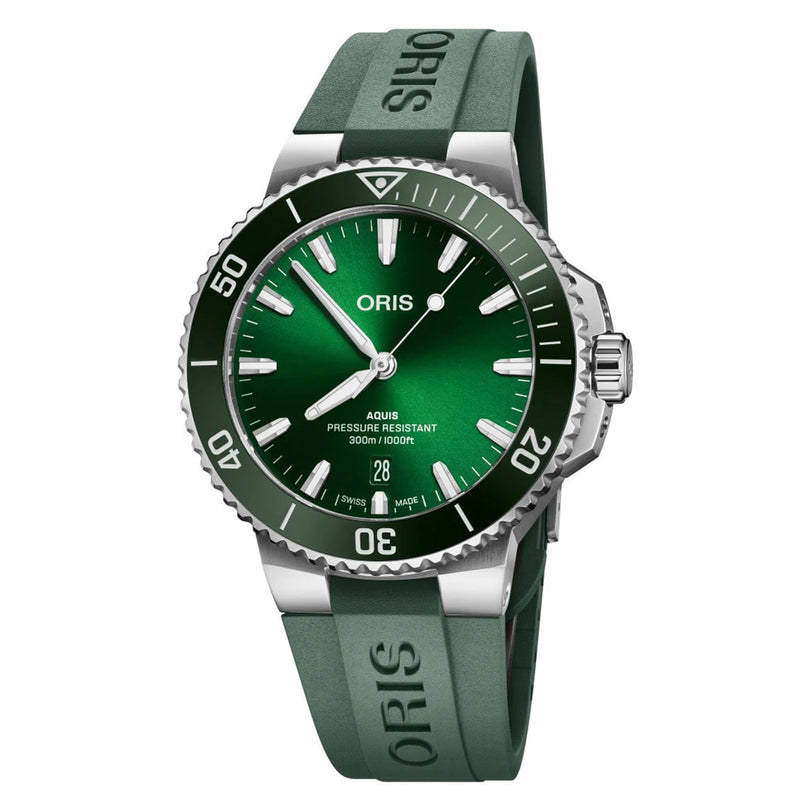 The Oris Aquis Date is a Swiss-made dive watch with a green dial, green rubber strap, silver markings, and rotating bezel, showing the time at 10:09.