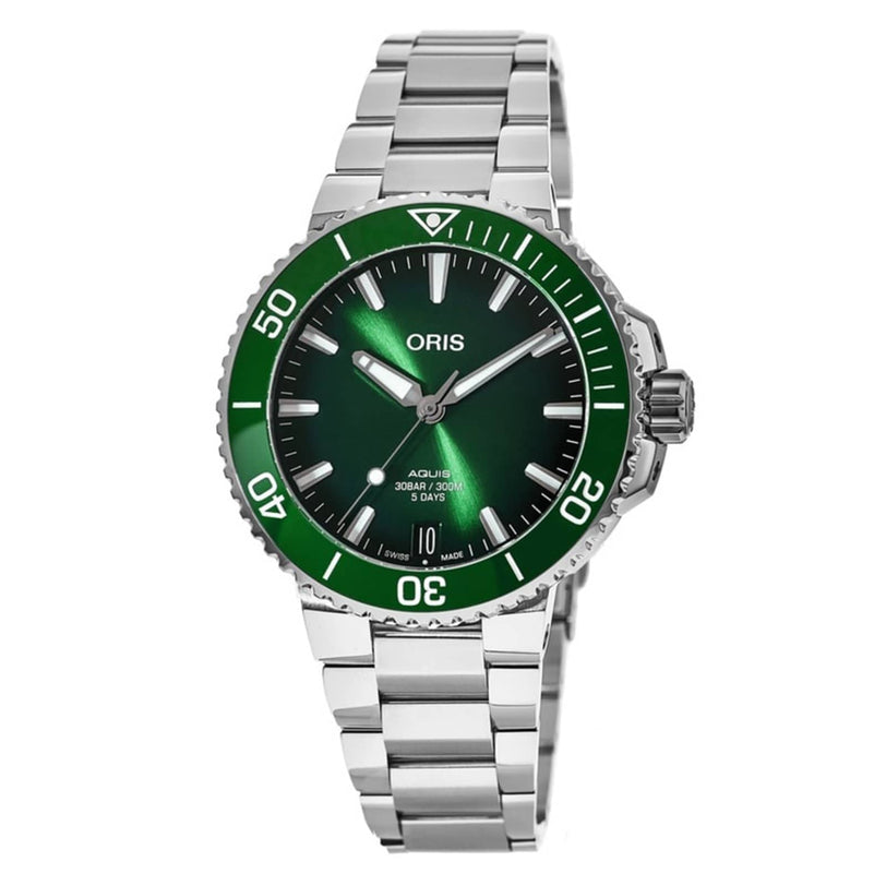 The Oris Aquis Date Calibre 400 is a stainless steel diving wristwatch featuring a green bezel and dial, silver hour markers, and a metal bracelet. The watch face displays the time as 10:10—a stylish pick for diving enthusiasts.
