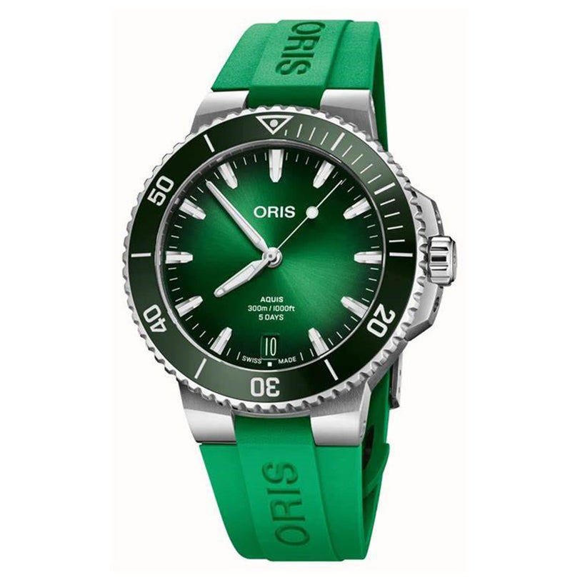 The Oris Aquis Date Calibre 400 features a green dial, silver bezel and markers, plus a matching green rubber strap.
