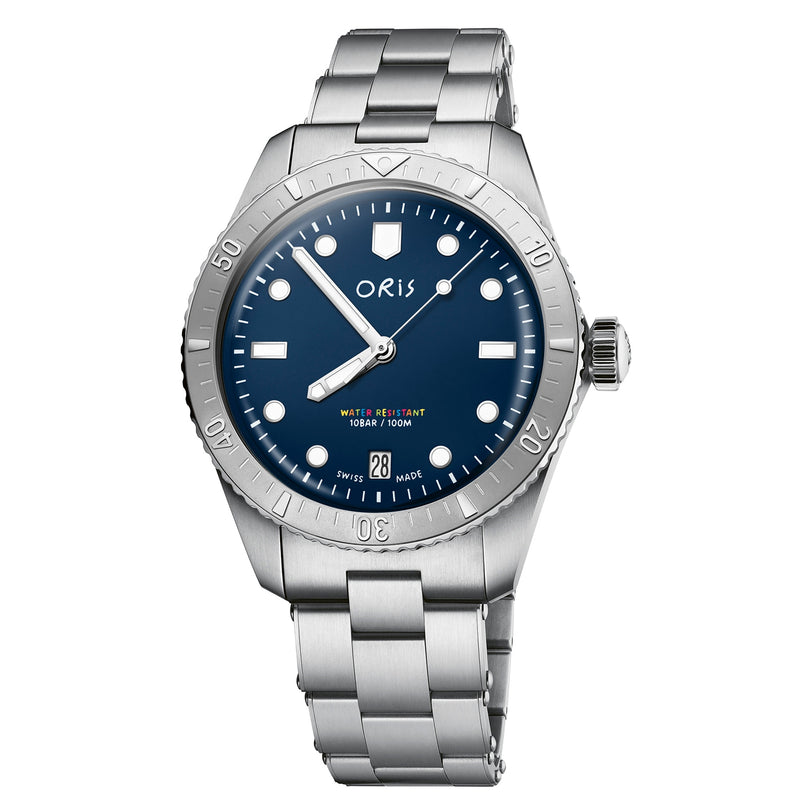 The Oris LFP Limited Edition is a silver wristwatch with a blue dial, metal band, white markers, and a date window at 6 o’clock.
