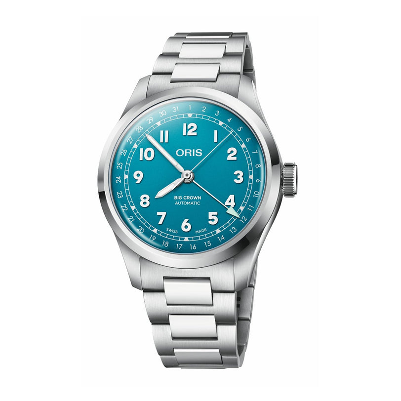 The Oris Big Crown Pointer Date is a stainless steel wristwatch with a turquoise blue dial, white numerals, metal bracelet, and Swiss Made automatic movement.